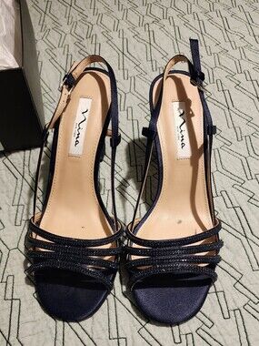 Nina Navy Strappy Satin Evening Heels